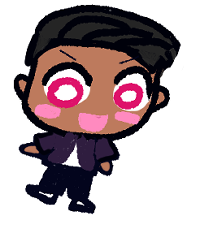 Diego is drawn as a chibi with black hair pulled back, round excited fuchsia eyes with white centering, little pink round chibi blushes, and a cute chibi :D smile. He wears an implied violet jacket and black pants.