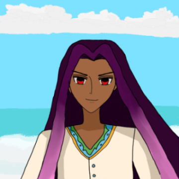 alejandro has red eyes, light bronze skintone, a mysterious smile, long dark violet-red hair and long pinkish side bangs, and wears a tunic with weaving gold, blue and green design along the low collar and blue buttons. behind him is the seashore with blue skies and white clouds.