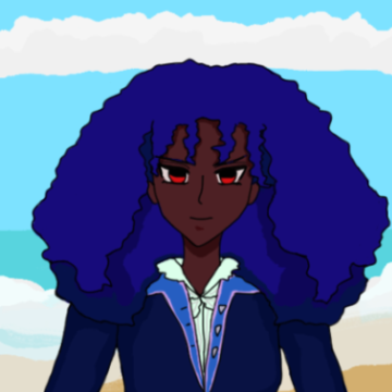 layla has wavy short anime silver hair with slight rainbows, bronze skin, emerald shirt, maroon-red tie, and white suit. there's the seashore with clouds behind them.