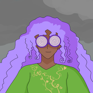 additional to below: khalida with an amazing purple-framed circular glasses with whirly whirls. she is smiling.