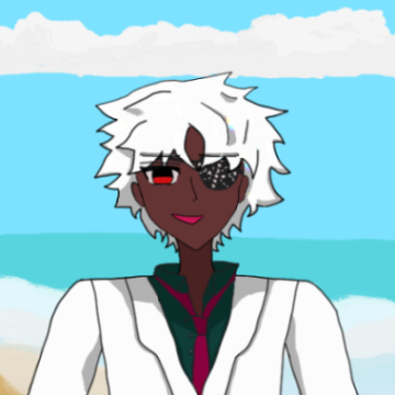 layla has wavy short anime silver hair with slight rainbows, bronze skin, and an amused smile. they wear an emerald shirt, maroon-red tie, and white suit. there's the seashore with clouds behind them.