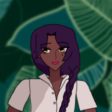 fernando at the end has dark hair that falls in front of him as a long braid, gold eyes, brown skin and a cheerful smile, wearing a white shirt with buttons undone. behind the triplets green foliage with various large leaves.