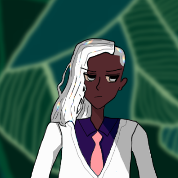 Raj is on the left and has rainbowy long anime silver hair on one side with an undercut on the other, dark brown skin and browner eye tone, silver irises, and a frown on his lips. He wears a white suit and violet-blue suit with pink tie and there is green foliage with various large leaves behind him.