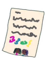 a letter that seems to have been crafted by a child. there's a rainbowy word on it. there's two little brown-skinned children with black hair at the bottom drawn with happy anime eyes.