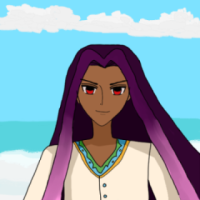 Alejandro has red eyes, light bronze skintone, a mysterious smile, long dark violet-red hair and long pinkish side bangs, and wears a tunic with weaving gold, blue and green design along the low collar and blue buttons. Behind him is the seashore with blue skies and white clouds.