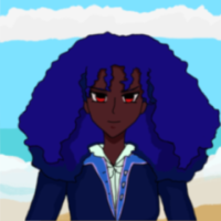 Alia has a lot of dark blue curls floating at the sides of her face, red eyes, dark brown skin and a determined smile and look. She wears a dark blue coat with light blue lining and silver buttons and a pale shirt beneath. Behind her is the seashore with blue sky and white clouds.