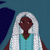 Khaleel with silvery white hair (glittery) in many braids falling around him. He has brown skin, red eyes with light brown sclera and is looking toward leo with a contemplative frown, and yet his expression isn't harsh. he wears an aquamarine shirt with aqua buttons and light green highlights, as well as a shirt with wavy light green and grassy green v-neck shirt collar design. Behind him is the left part of an aquamarine tree with a dark blue night sky with stars in it.
