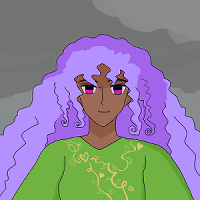 khalida with an overcast sky above her that's light and darker grays. she has wavy lavender hair with shadows upon it and curls that fall to the sides of her face. her skin is light brown and her expression is a contemplative or neutral smile, and her eyes are fuchsia bright. she's wearing a leaf green outfit with golden branches on it as well as leaves and flowers and hearts.