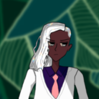 Raj  has rainbowy long anime silver hair on one side with an undercut on the other, dark brown skin and browner eye tone, silver irises, and a frown on his lips. He wears a white suit and violet-blue suit with pink tie and there is green foliage with various large leaves behind him.