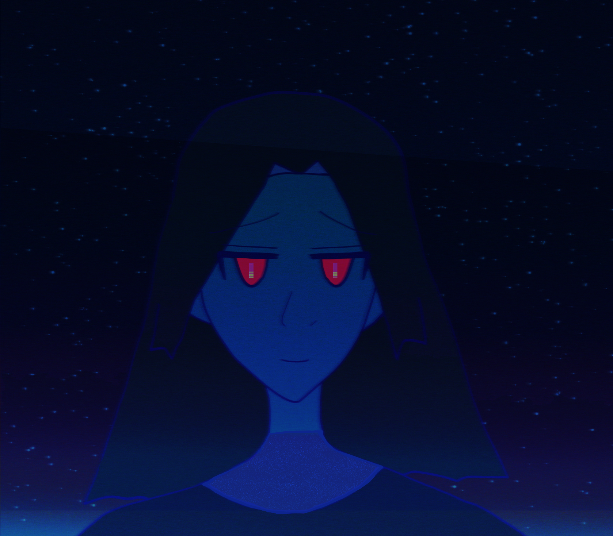 [Direct description of selfie from Antonio Chandrani-Rivera's Secret Dream Blog on Tumblr.] It's my selfie! I look cool AF and tried smiling. I have dark falling hair around my face and dark tone to my skin; there's light blue/aquamarine lighting from our atmosphere in the lower horizon, but there's countless stars in the dark skies behind me.

My Red eyes are glowing more than usual, hmm. The pupils look odder than usual. Usually there isn't any gold to the glowing fuchsia of my pupils. How odd. [End description.]