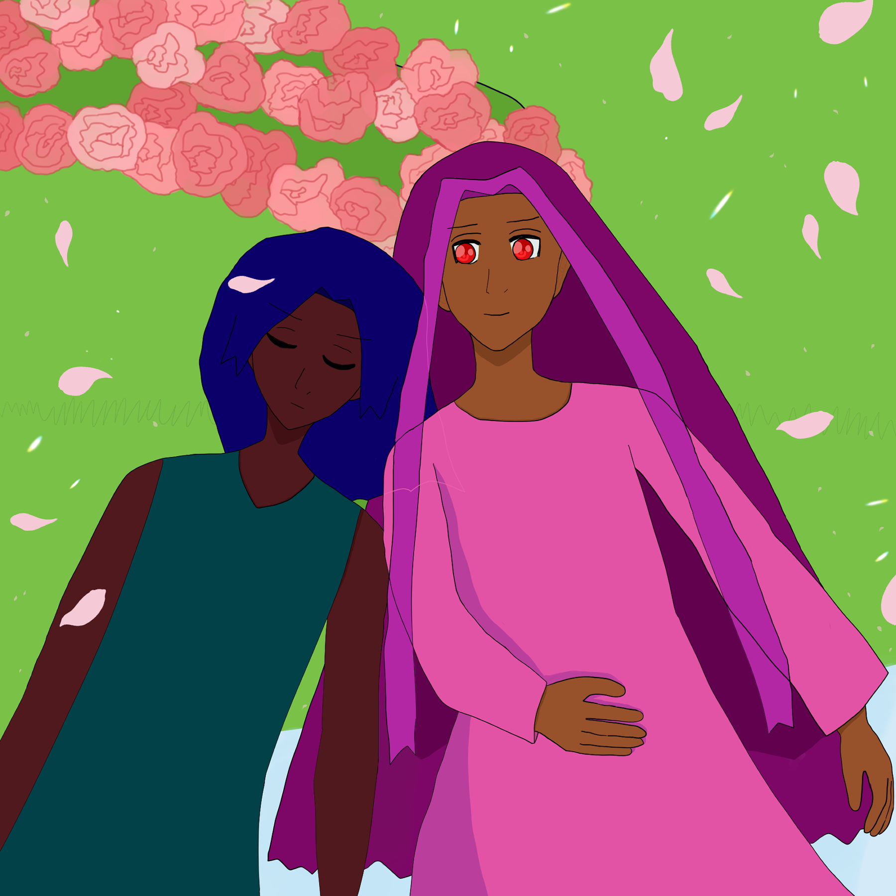 Antonio Chandrani-Rivera and Alejandro Altaha by the Herrera family rose arch. Antonio is falling asleep, eyes closed, and falling onto Alejandro's shoulder. Alejandro is peering at him with a soft smile and sparkling red eyes. Antonio has blue hair like waves swishing softly as he falls, while Alejandro has long violet hair that stands in for black with pink fall of stands around his face. Antonio has brown skin and wears a teal sleeveless shirt while Alejandro has light bronze skin and wears a pink tunic. There is a white bench beneath them and a leaf green garden behind them. The family rose arch has pink roses falling down behind them, and pink petals drift everywhere around them. There is a bit of sparkling light around.