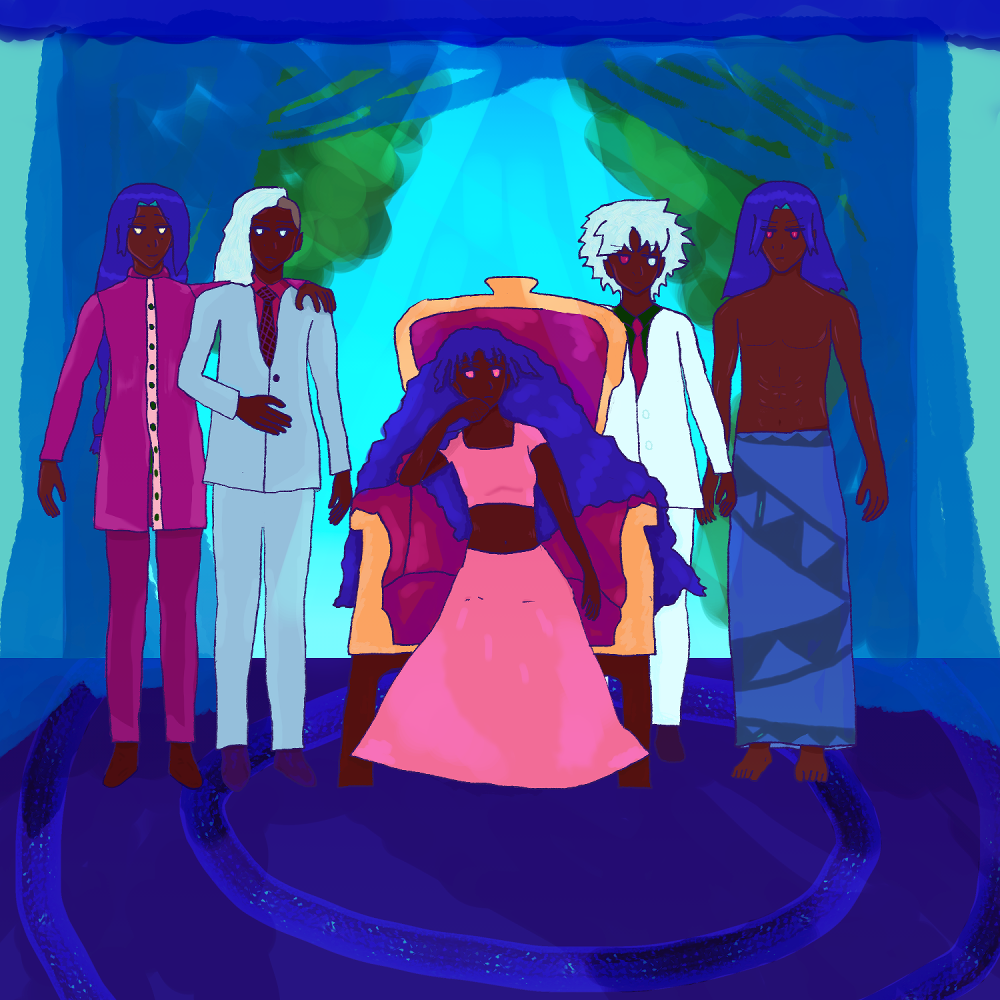 The Main 5 of the Chandrani family are taking a family photo when they're older. Left to right: Fernando Chandrani-Rivera, Raj Chandrani-Rivera, Farrah Chandrani, Layla Chandrani and Antonio Chandrani-Rivera. The boys are triplets.

Fernando and Antonio are identical. They have red brown skin and ocean blue hair. Fernando has gold eyes and Antonio has red eyes. Fernando has a long braid falling behind him. Antonio has hair that falls by his shoulder like waves. Fernando's expression is an interestingly friendly but tepid smile, while Antonio's expression is stoic. Raj is next to Fernando looking uncomfortable that he is touching him. Fernando's arms are around his shoulders.

Raj has silver hair and silver eyes. Both he and Farrah have dark brown skin. Farrah is frowning while looking a little punk and apathetic on a red throne-like chair with gold lining and brown wooden legs. Layla has darker red-brown skin than Fernando and Antonio. They look irritated at Antonio and like they have gender-envy over Antonio.

Fernando wears a sherwani that's fuchsia with green buttons and brown shoes. Raj wears a grey-silver suit with a red shirt and a dark brown tie with mauve lining. Farrah wears a pink lehanga that's a little shiny and falls below her legs onto the ground. Layla wears a white suit with green shirt and red tie. Antonio wears a lungi and is shirtless. His lungi is a medium blue with green-blue triangles, and at certain points, it looks like the patterns are eyes. His pecks are gleaming.