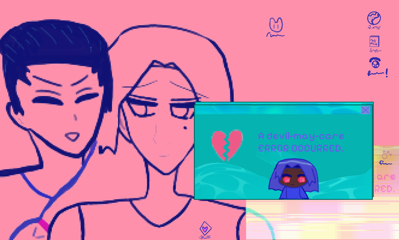 This one has something new--a gold-and-pink staticking screen pulled away from the other two that seems to show only 'care red' or 'are red' from 'devil-may-care' and 'error occurred.'