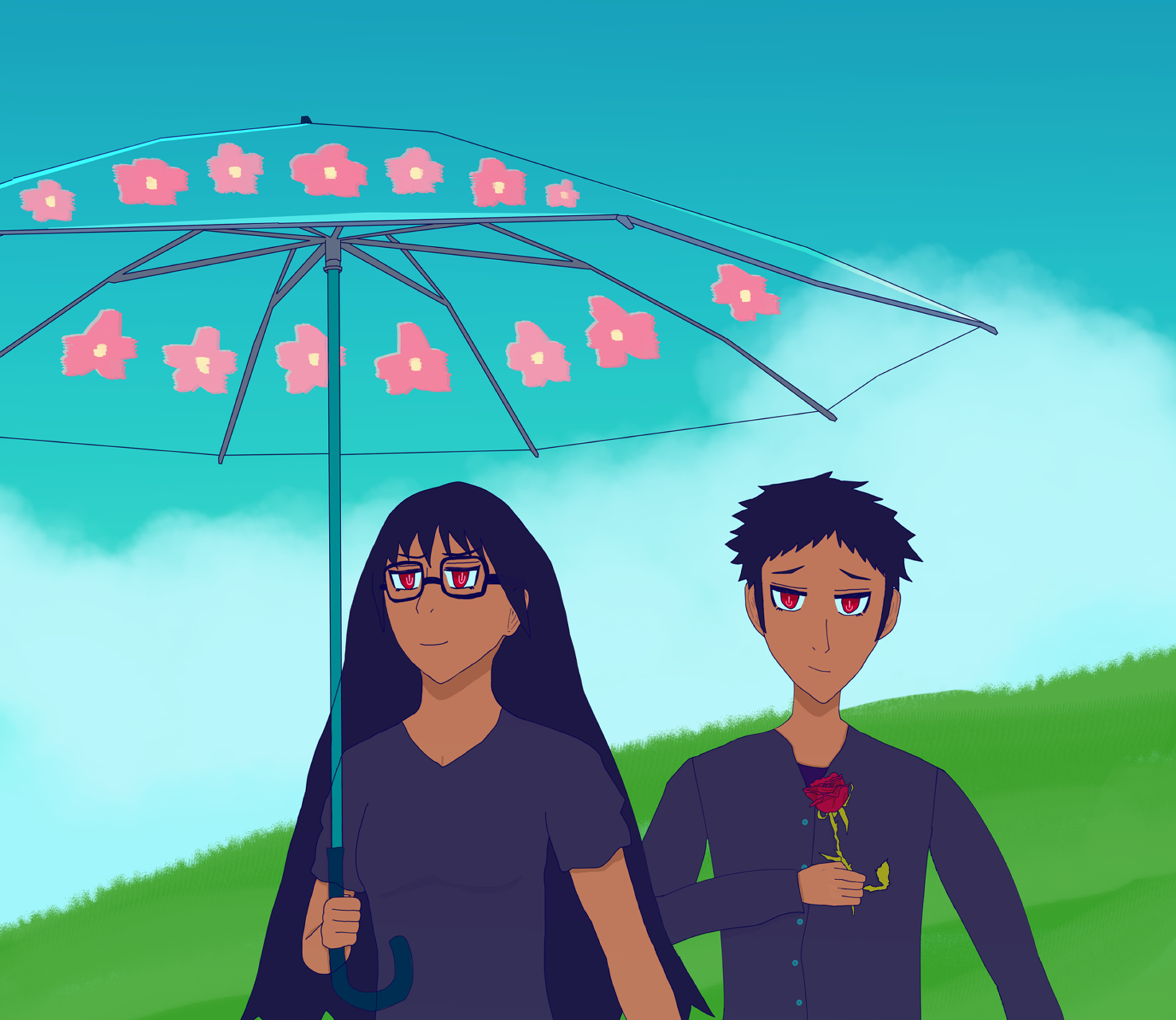 Maria has a clear pretty umbrella with reddish pink flowers strewn on its sections open above herself and her twin Mario. The day is bright and blue and they are upon a green hill; the white clouds tower behind the green hill. Maria has dark falling long hair, slightly messy bangs and red eyes with a careless smile on her. She wears her usual dark dress with fluffy sleeves. Mario wears a dark shirt and a dark binder underneath; buttons are teal. He's smirking with a slight look of amusement; he has a red rose in his hand that he might be thinking of giving away. His hair is dark and very short in a stylish, choppy way. Both twins' irises are red.