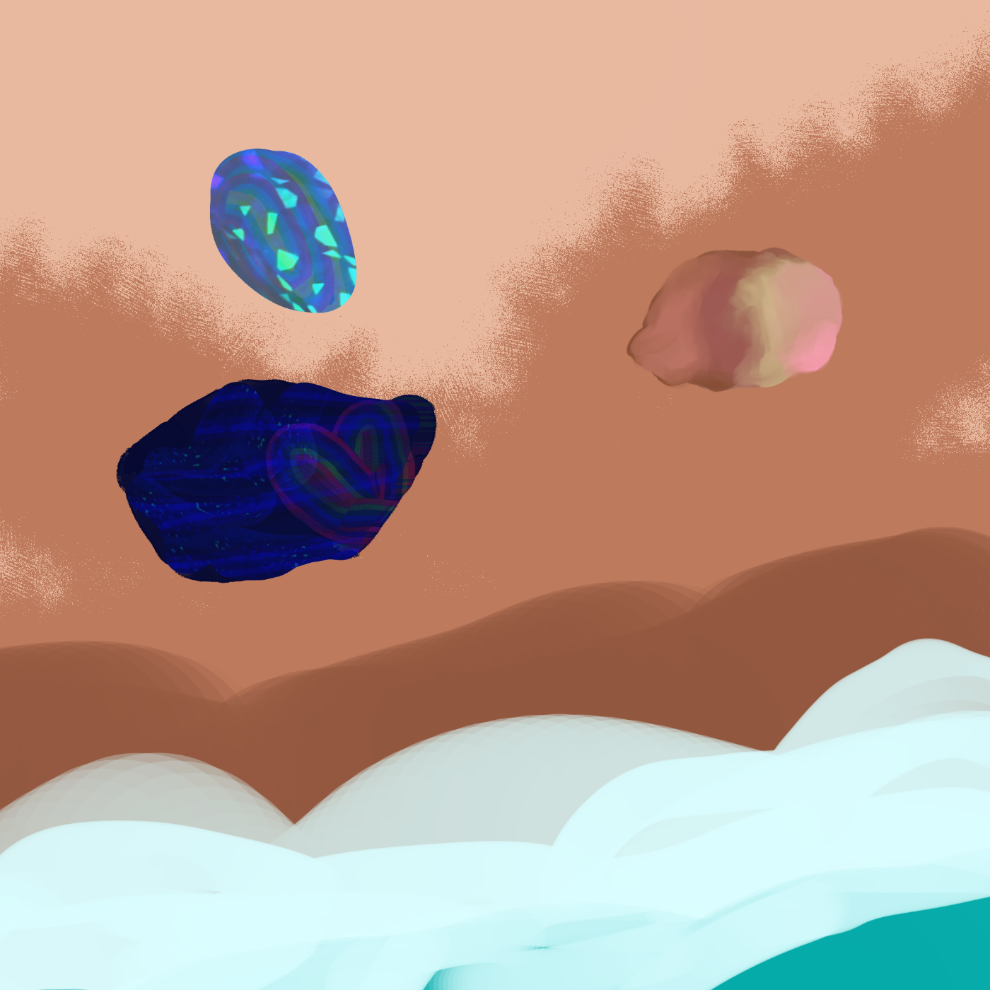 A rainbow obsidian, black opal and sandy rock on a beach where the ocean is pulling away. The dark ocean drench is only under my brothers Antonio and Fernando.