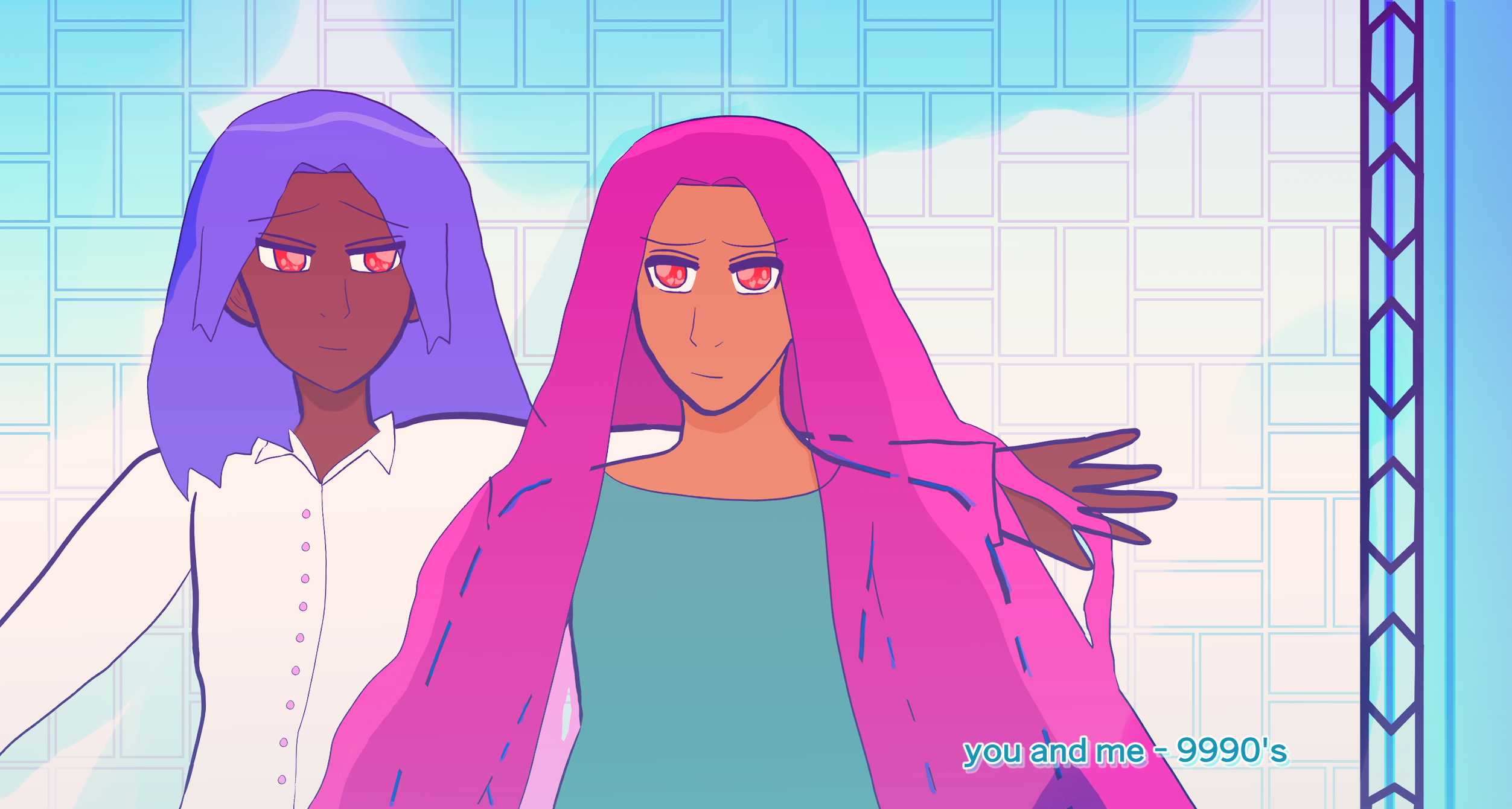 Antonio Chandrani-Rivera with an arm out with Alejandro Altaha lying atop of it; they are both lying atop of some form of rooftop with white tiles and Antonio has his hand threading through Alejandro's hair. Antonio is smiling warmly while Alejandro seems a bit soft toward Antonio. Antonio has blue hair like waves, white shirt with pink buttons nad a loose shirt collar. Alejandro wears a teal tunic-like garb with his rose-violet hair sprawling around. At the bottom right it says 'you and me - 9990's.'