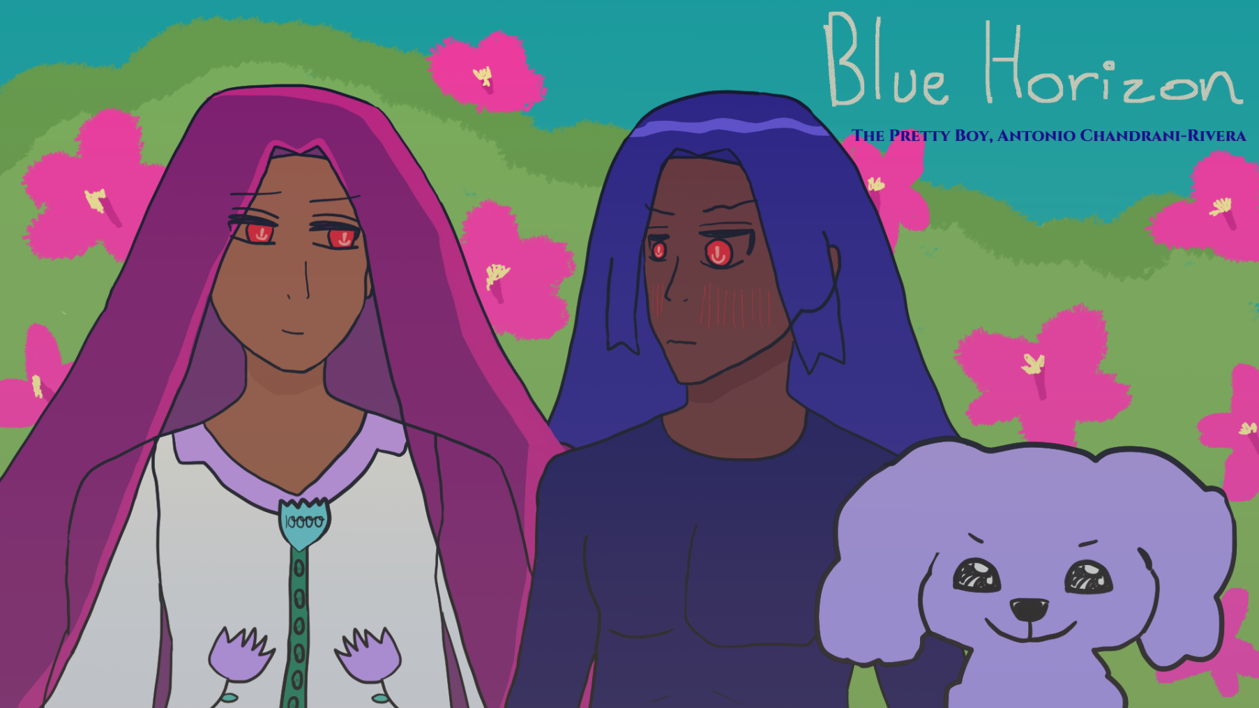 The title artwork for the Blue Horizon: The Pretty Boy Antonio Chandrani-Rivera visual novel, stated on the top right. Alejandro Altaha stands next to Antonio Chandrani-Rivera looking rather gently at him as Antonio seems flummoxed and blushing heavily. Alejandro has long falling violet hair with rosy highlighting and wears the Protector's uniform with white cloth and a hand + tulip-like flower at his lavender shirt collar saying '10000' and having a green stem-looking button array with two more lavender hand-shaped tulips at each side of the uniform's rib area. Antonio is wearing a diving suit. There's a weird lavender-gray poodle or maltese next to them looking very proud to be there. There's leaf green bushes behind them that seem to have pink hibiscuses blooming everywhere, and a teal-blue sky. End description.