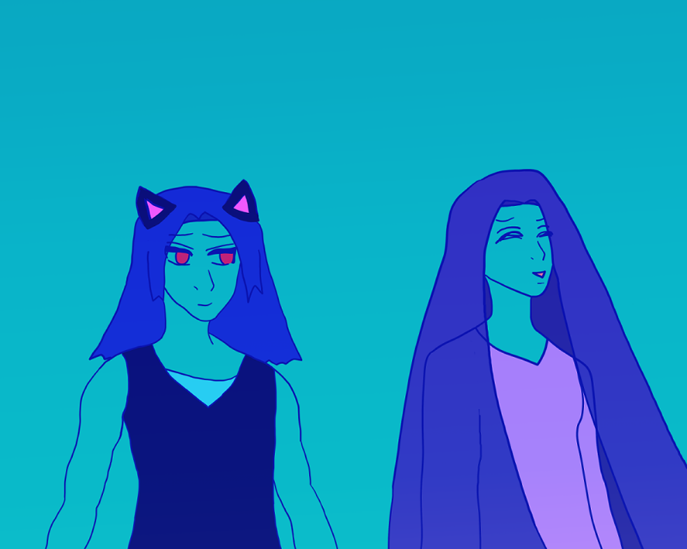 Cover image (repeat with little change): A catboy version of Antonio Chandrani-Rivera stares softly at Alejandro Altaha. He has blue hair like waves, red eyes, and is wearing a tanktop with a pale undershirt. He has muscled arms that are prominent. Alejandro is laughing joyfully. He has his eyes closed, has long dark falling hair shown violet, and wears a simple pink tunic. End cover description.