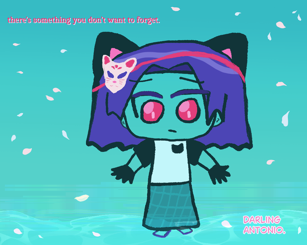 Ending artwork: antonio chandrani rivera with blue hair like waves is staring at beach waves. he is extremely chibi aesthetics. he has big red eyes and is looking sad at the waters. his eyes are sparkling with pink light. he has a white fox mask with red flowery forehead lines (3 of them) and little red whiskers and a red nose and red fox smiling mouth, tied on his head with a red ribbon. the rest of the canvas isn't that intense, mostly teal-aqua. the beach seems a bit staticky but it's made to look like sand. the ocean waves are a pretty aqua. at the top it says 'there's something you don't want to forget.' aside from the fox mask, antonio has black kitty ears, wears dark gloves, a shirt with short black sleeves and a black kitty on a white shirt, and wears a teal lungi with light blue lines due to being half-fantasy-counterpart-south-asian. he has his feet in the ocean water. it says 'darling antonio.' there's pink and silvery flower petals flying everywhere. there's a lone golden flower petal behind him, seeming right by him. End end artwork description.