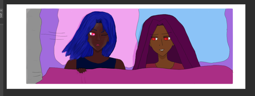 Extremely early painterly version for the face of Antonio from the panel where Antonio quickly gets in Alejandro's bed. His red eyes seem irritated or bothered, glowing with a bit of light on skin, and his lips are in a frown while seeming about to speak. There's painterly shine on his brown skin. He has dark blue hair like waves that are becoming more glistening and painterly, and he wears a darker blue undershirt.

Unrendered is Alejandro who is grinning a little apologetically with his red eyes seeming pleased Antonio has decided to lay down. He has dark violet long hair and light bronze skin. He wears a red undershirt. The pillows behind them are pink and light blue respectively. The cover is pink and the bedding is lavender.