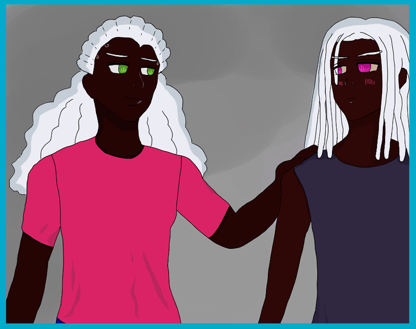 Leo seems to want to assure Khaleel he has his back, smiling very softly, while Khaleel is blushing heavily. Leo has his anime silver curly hair tied back and Khaleel has anime silver dreads. Leo is Spectral Viridian (spring green color) while Khaleel is Red. They both have dark brown skin, and Leo's is darker while Khaleel's is a bit lighter. Leo is wearing a bright pinkish red shirt and bright azure blue shorts, while Khaleel is wearing a gray-black sleeveless shirt.