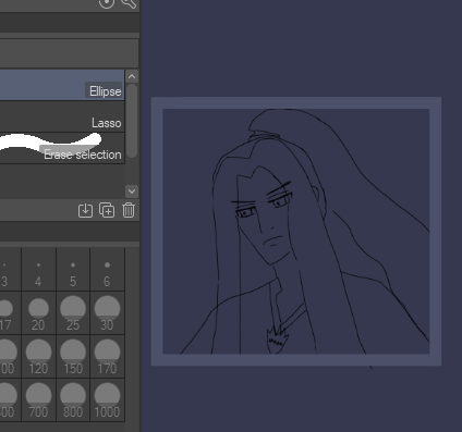 alejandro with a long falling ponytail (implying he's 15 here, though he can wear a ponytail in any era) looking downward with drawn eyebrows, a frown, and a serious expression. he's wearing the protector's class uniform which i am making up on the fly. next to him is clip studio paint brush settings and marquee settings.