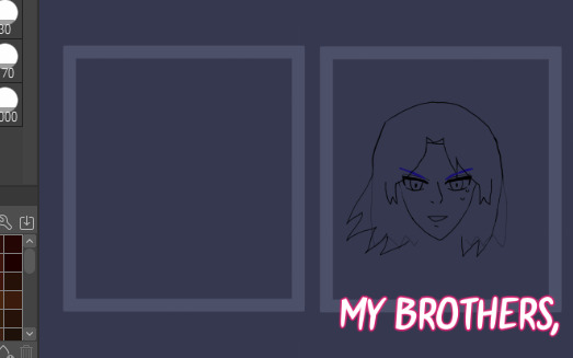 sketch of a grinning antonio with flow-y hair and blue eyebrows. below it says 'my brothers' in comic form