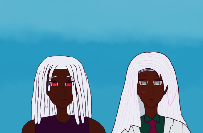 Khaleel with dark brown skin and silver dreads smiles softly at Raj with a blush, who smiles and blushes. Khaleel wears a sleeveless black shirt, while Raj continues to wear a white suit with dark green shirt and vermilion red tie. The background is a soft blue sky.