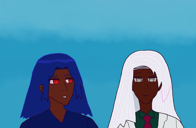 Fraternal twin Antonio with blue hair like waves, red-brown skin and red eyes smiles a bit sadly at Raj, who has silver hair, dark brown skin and silver eyes, and is frowning. Antonio wears a dark blue shirt and Raj wears a white suit with dark green shirt and vermilion red tie. The background is a soft blue sky.