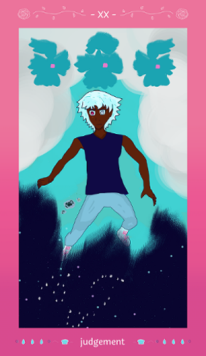 layla has three aquamarine angel-like beings above her amid white clouds with a pink square over their hearts. she seems shocked with both her red and silver eyes showing. she has brown skin and wavy silver hair. she wears a sleevless black shirt with pale jeans and is falling freefall seemingly from the skies with small isles showing far down below amid aquamarine seas. HOWEVER she has a dark night sky beneath her with stars that are making an anime 'bengha' (tongue-stuck-out with a wink) face.  the card reads xx (20) above and 'judgement' at the bottom with shell and teardrop designs surrounding it. The outer card is a rose pink.