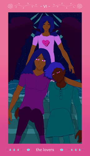 Armando and Ranvir sit together upon teal blue steps while appearing anxious, with Ranvir laying his head against Armando's shoulder and upon his hair. Armando's identical twin brother Antonio Herrera-Rivera has his legs submerged within aquamarine ocean with nighttime stars reflecting upon it and all of it dancing. The nighttime stars are everywhere behind Antonio. Armando wears a tight violet fit with dark violet leggings and darker boots. Antonio wears a 2000's-styled lavender shirt with fuchsia pink broken 3D-illusion 2D heart. Antonio has his eyes closed and dark black angel wings with a 3D illusion effect to it. Armando and Ranvir have fuchsia eyes. Armando and Antonio both have light bronze skin while Ranvir has dark brown skin. Ranvir wears a teal panjabi that works with the teal of the stairs. The stairs are wet from the oceanic currents that are running behind it, where Antonio looms above Armando and Ranvir. The card says XI above with rose designs surrounding and 'the lovers' below with shell and teardrop designs surrounding. The outer card is a rose pink.