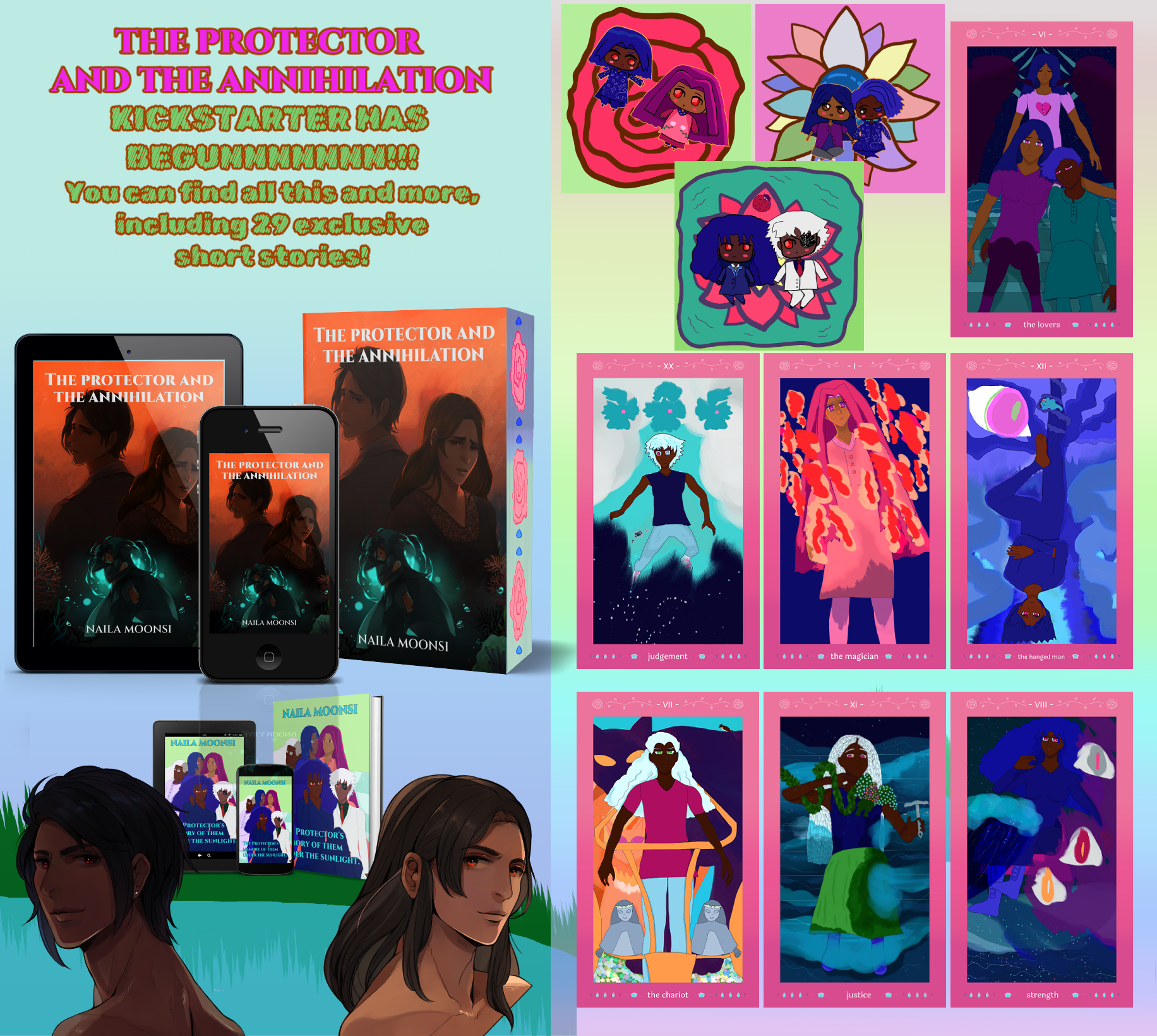 Specifics via artwork: 'THE PROTECTOR AND THE ANNIHILATION' EPIC SCIENCE ROMANTASY SPECIAL EDITIONS, 3 COUPLE ACRYLIC CHARMS, 3 COUPLE ENAMEL PINS, 7 TAROT CARDS, 'THE PROTECTOR'S MEMORY OF THEM UNDER THE SUNLIGHT' SIDE NOVELLA SPECIAL EDITIONS, UP TO 29 KICKSTARTER-EXCLUSIVE SHORT STORIES, AND UP TO 6 COMICS.