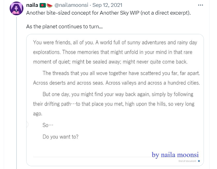 Just a redo of the above microfiction except on Twitter on September 2021 and January 2022. The second tweet says: Another bite-sized concept for Another Sky WIP (not a direct excerpt). As the planet continues to turn...