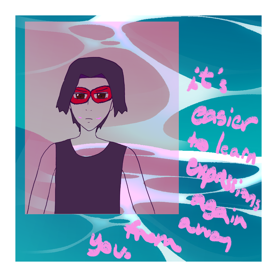 alejandro with short dark hair, brown eyes, a black tanktop red eye-lining dia de la muertos paint on his face over oceanic graphic and white surrounding. on top, in pink, it says messily, 'it's easier to learn expressions again away from you.'