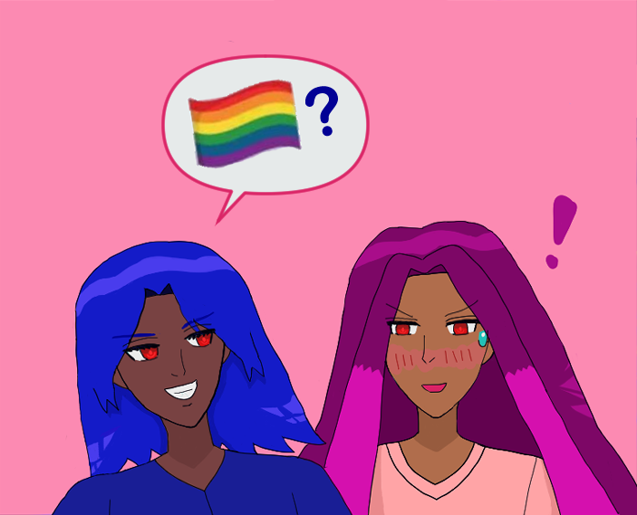 A comic panel where the young man with red eyes, blue hair like waves and blue panjabi Antonio Chandrani-Rivera is looking cockily with a grin at red-eyed violet-and-pink-haired Alejandro Altaha, who's looking down and blushing with a sweatdrop and exclamation mark. The main difference is Antonio has a bubble with lgbt flag and question mark.
