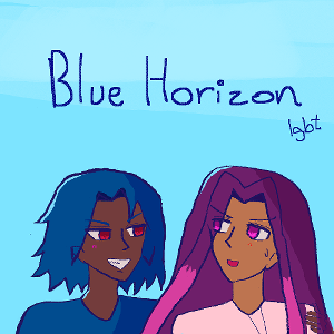 The top area says 'Blue Horizon (lgbt).' Antonio has red eyes, a grin, is brown, has lighter ocean blue hair that falls like ocean waves, and has grabbed onto Alejandro, who looks a little shy, is sienna brown, has long violet hair, fuschia eyes (a power-up of red eyes), dark pink dyed locks in front of him, and he's wearing a pink shirt, as is looking back at Antonio. They both have slight blushes.