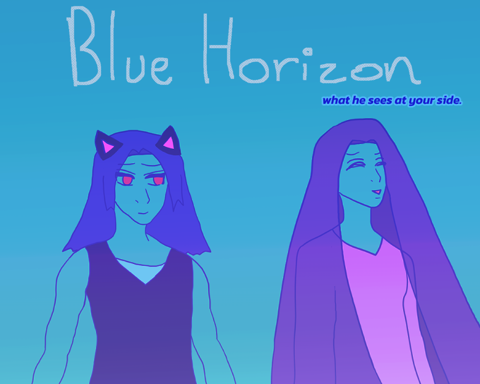 Cover image: A catboy version of Antonio Chandrani-Rivera stares softly at Alejandro Altaha. He has blue hair like waves, red eyes, and is wearing a tanktop with a pale undershirt. He has muscled arms that are prominent. Alejandro is laughing joyfully. He has his eyes closed, has long dark falling hair shown violet, and wears a simple pink tunic. It says 'Blue Horizon: what he sees at your side.' above them and the general canvas color is an aquamarine teal tone, including their skintones due to the canvas.