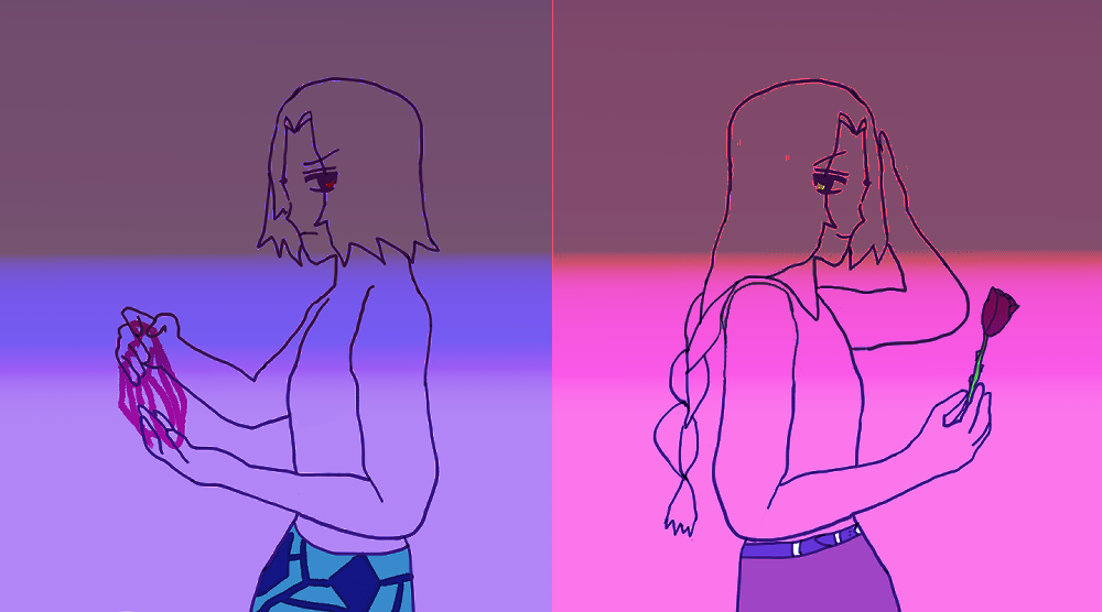 On the left in lavender is Antonio who is looking back irritably with a visible red eye, a frown and furrowed brow. He's without a shirt, and holding fuchsia threads doing some sort of cat's cradle, as well as wearing an aquamarine-and-blue lungi. On the right in pink is golden-eyed [implied thru the egg yellow] Fernando who is looking back with a long braid and easy smile, holding a fuchsia rose. He's wearing a form-fitting tanktop and a lavender belt and light violet-looking pants.