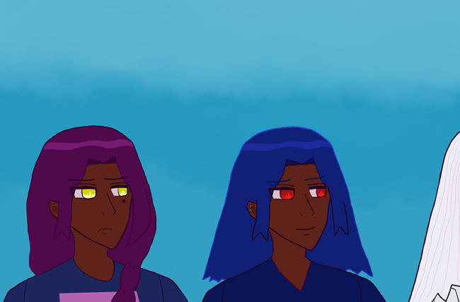 fernando stares gloomily at antonio. he looks identical, but has 'black hair' (shown violet) worn in a braid and golden eyes with the same brown skin and appearance. he wears a dark blue shirt with a pink bandom-looking boxiness on it. Fraternal twin Antonio with blue hair like waves, red-brown skin and red eyes smiles a bit sadly at Raj, who has silver hair, but a majority of Raj is not shown