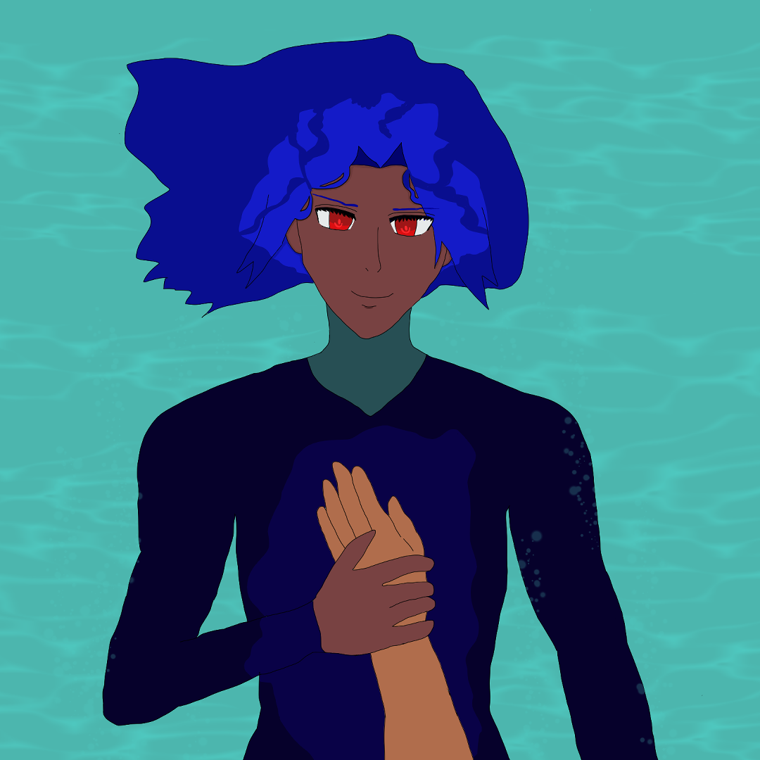 Antonio with brown skin and red eyes is pulling Alejandro's arm against his chest, holding it. Antonio is smiling with furrowed brows at Alejandro while mostly submerged back against the ocean, with only his face and part of his head and a part of his chest and abdomen unsubmerged.