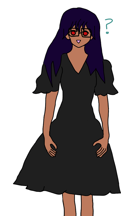 a spaced out-looking maria with light brown skin and red eyes and a loopy smiley on her face, wearing a fwooshy black dress but looking very awkward