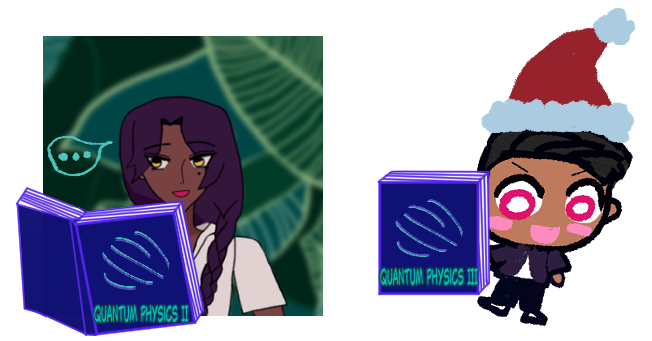 clip art type of material with my own art of fernando and chibi diego where chibi diego with festive red with white fluffy trimmings christmas hat is trying to give fernando a quantum physics book that is volume iii and fernando is already engrossed reading quantum physics book volume ii... the quantum physics book  is dark blue with simplified concept of quantum mechanicky or physick-sy light gimmick in textbooks.

fernando description: Fernando Chandrani with dark hair that falls in front of him as a long braid, gold eyes, brown skin and a cheerful smile. He wears a white shirt with buttons undone. Behind him is green foliage with various large leaves.

diego description: Diego is drawn as a chibi with black hair pulled back, round excited fuchsia eyes with white centering, little pink round chibi blushes, and a cute chibi :D smile. He wears an implied violet jacket and black pants.