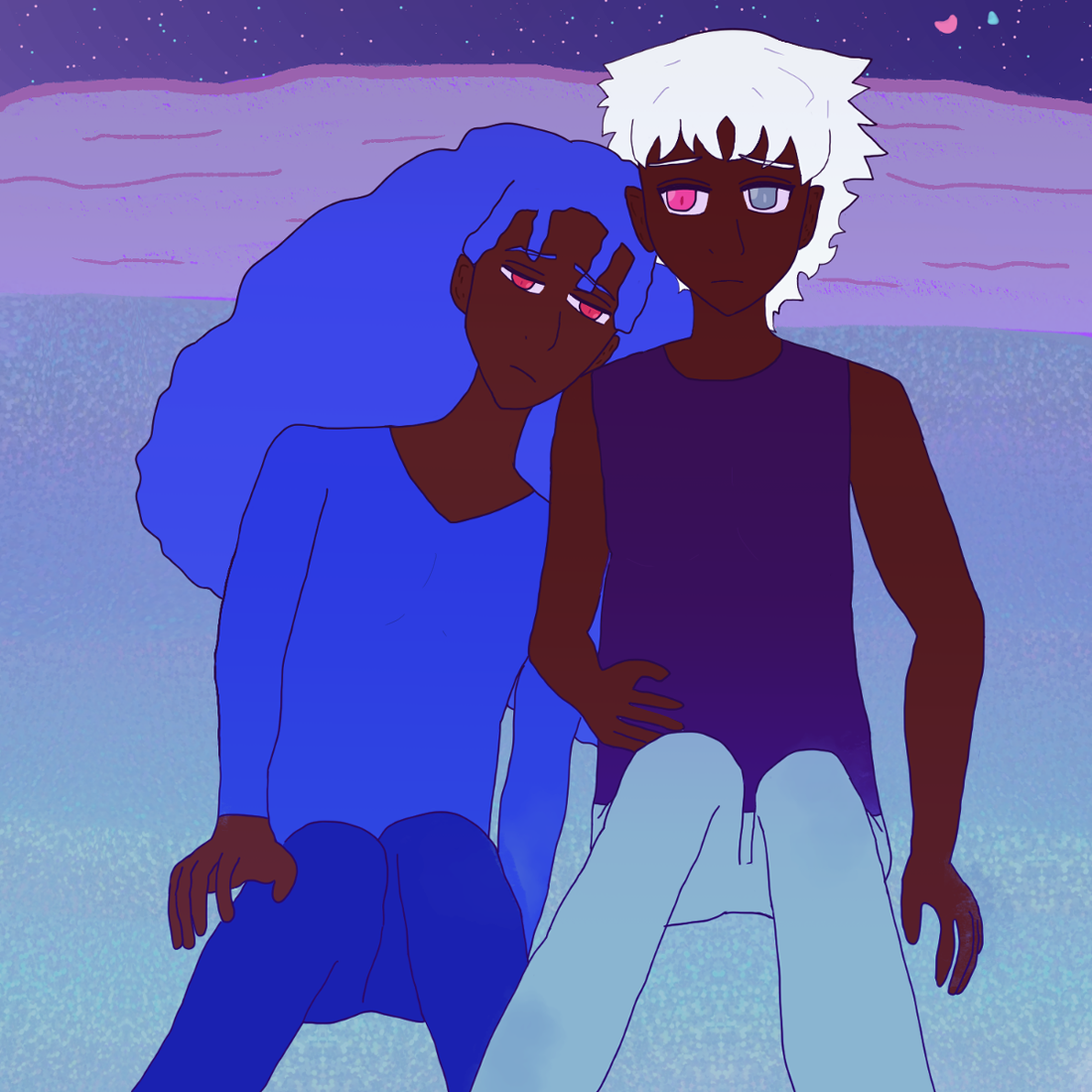 Alia has her head on Layla's shoulder. Her expression is melancholy while Layla's is worried! Alia has red eyes, blue curls around her, wears a blue shirt, and wears dark blue pants. Layla has a red and silver eye, one more pinkish fuchsia, wavy short silver hair, wears a dark tanktop, and gray pants. They're sitting on a further bank of a beach at nighttime with grayish sands all around and with a bit on them, with low lavender-seeming cliffs behind them and a violet-colored night. There's two moons, one a pinkish red crescent and one aqua teardrop-shaped. There's stars in the nighttime skies.
