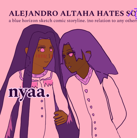 alejandro is blushing heavily with a surprised smile as antonio seems to sweet-talk him, or something similar. alejandro has a shy stance and antonio is leaning in with his arms held loosely behind his back, with a foot popping up. alejandro has long dark hair while antonio has falling rougish hair that is implied blue but, due to the purple and pink color tones of the comic, is more periwinkle purple. antonio is wearing a sherwani-like suit and alejandro is wearing an apache-style tunic, as they are both mixed.