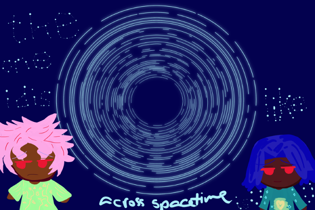 Chibi miserable little Konna versus Antonio. There's an eerie and-or beautiful swirl of stars (in reality a meteor shower, though it might imply something more horrible like a black hole. Konna and Antonio are on separate sides, Konna on the left and Antonio on the right. The stars say 'the one i dis (separated across the circularity of stars) like (the word is dislike) across spacetime is you.' again 'the one i dislike across spacetime is you.' is what it actually says. antonio is looking cocky. konna looks gloomy. antonio has one of the golden hearts from konna's clothes drawn over his teal outfit's stomach, which is surrounded by an array of stars. remember the circularity of stars above.