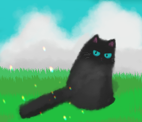 a black owl-cat with aqua sclera and black irises staring mysteriously at the viewer while sitting on bright spring green grass and with aqua skies behind them that have towering white clouds.